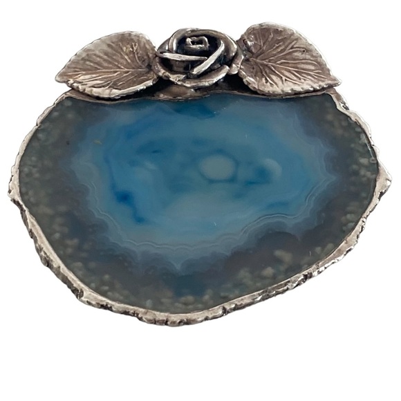 Artist made aqua blue pendant and brooch Sterling silver agate slab rose - Picture 5 of 11
